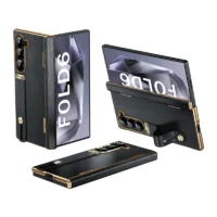 For Samsung Galaxy Z Fold 7 6 5 4 3 5g With Screen Protect Film Hinge Plating Frame Leather Phone Case With Wrist Strap Bracket Featured