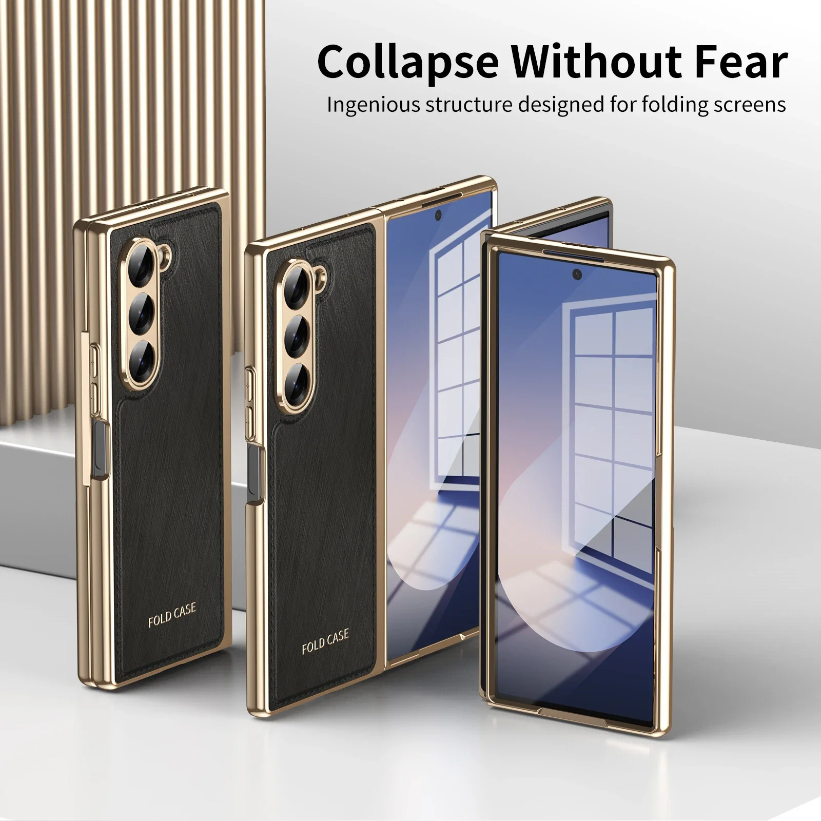 For Samsung Galaxy Z Fold 7 6 5 4 3 Case Leather Light Texture Gold Wire Plating Hinge 360 Full Screen Protector Folding Cover Featured