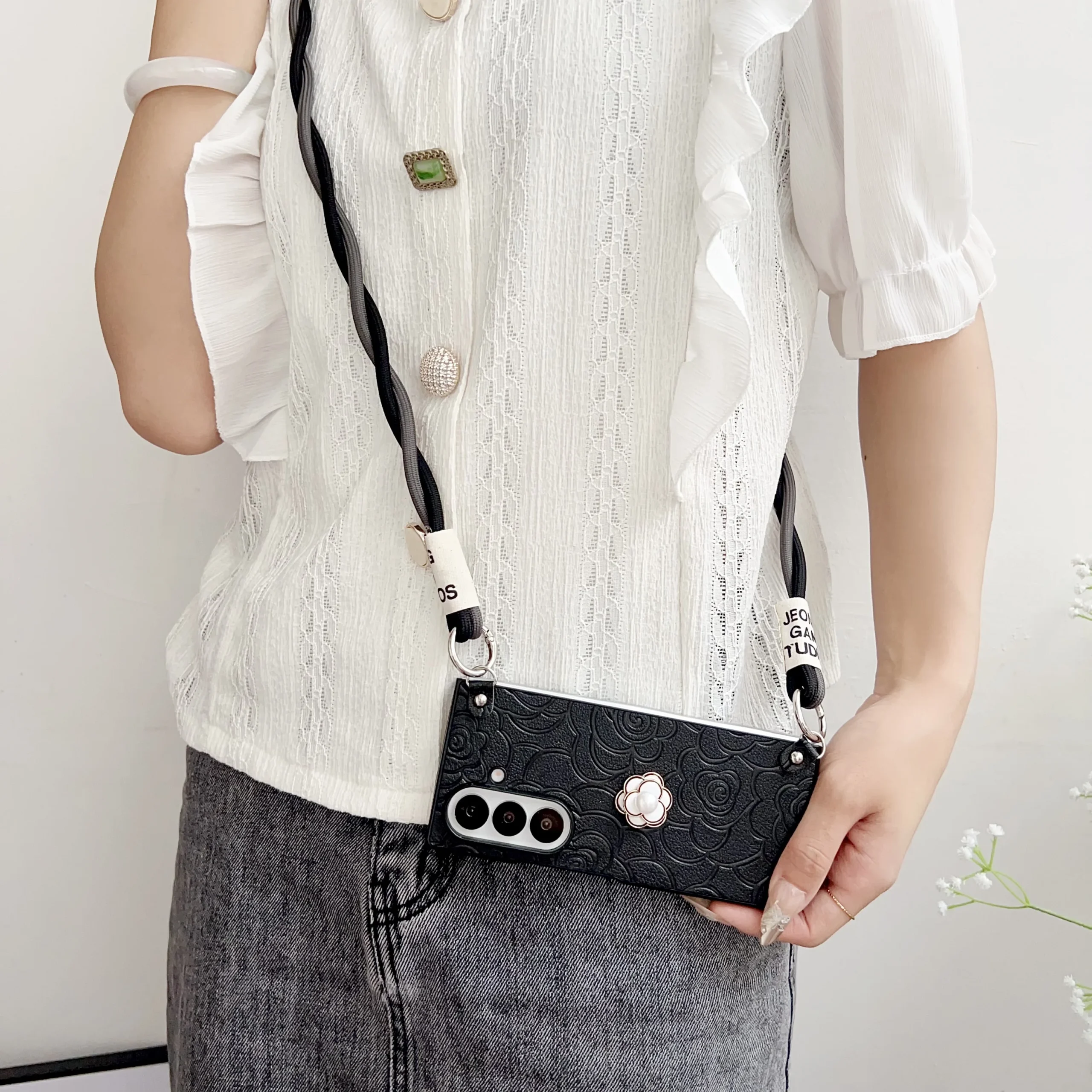 Korean Luxury Camellia Japonica Phone Case With Cross Rope For Samsung Galaxy Zfold 7 Z Fold7 5 6 Z Fold 4 3 Hard Back Cover Featured