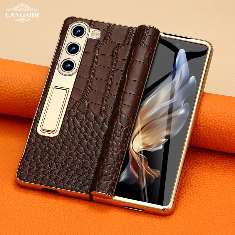Leather Phone Case For Samsung Galaxy Z Fold 7 6 5 4 3 Fold6 Fold7 Gold Plating Magnetic Hinge Stand Back Cover With Mirror Film Featured