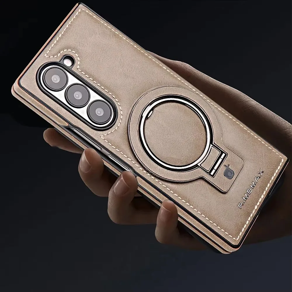 Luxury Magnetic Ring Holder Z Fold6 Leather Case For Samsung Galaxy Z Fold 4 5 6 Wireless Charging Shockproof Protective Cover Featured