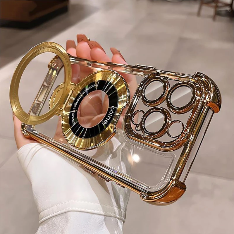 Luxury Plating Magsafe Wireless Charge Case For Iphone 16 15 14 13 12 11 Pro Max Plus Clear Acrylic Magnetic Stand Holder Cover Featured