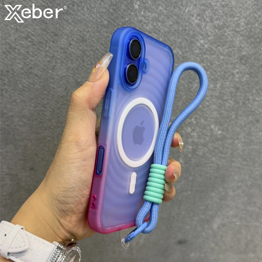 Luxury With Lanyard Water Ripple For Magsafe Phone Case For Iphone 14 12 13 15 16 Pro Max Gradient Matte Translucent Back Cover Featured