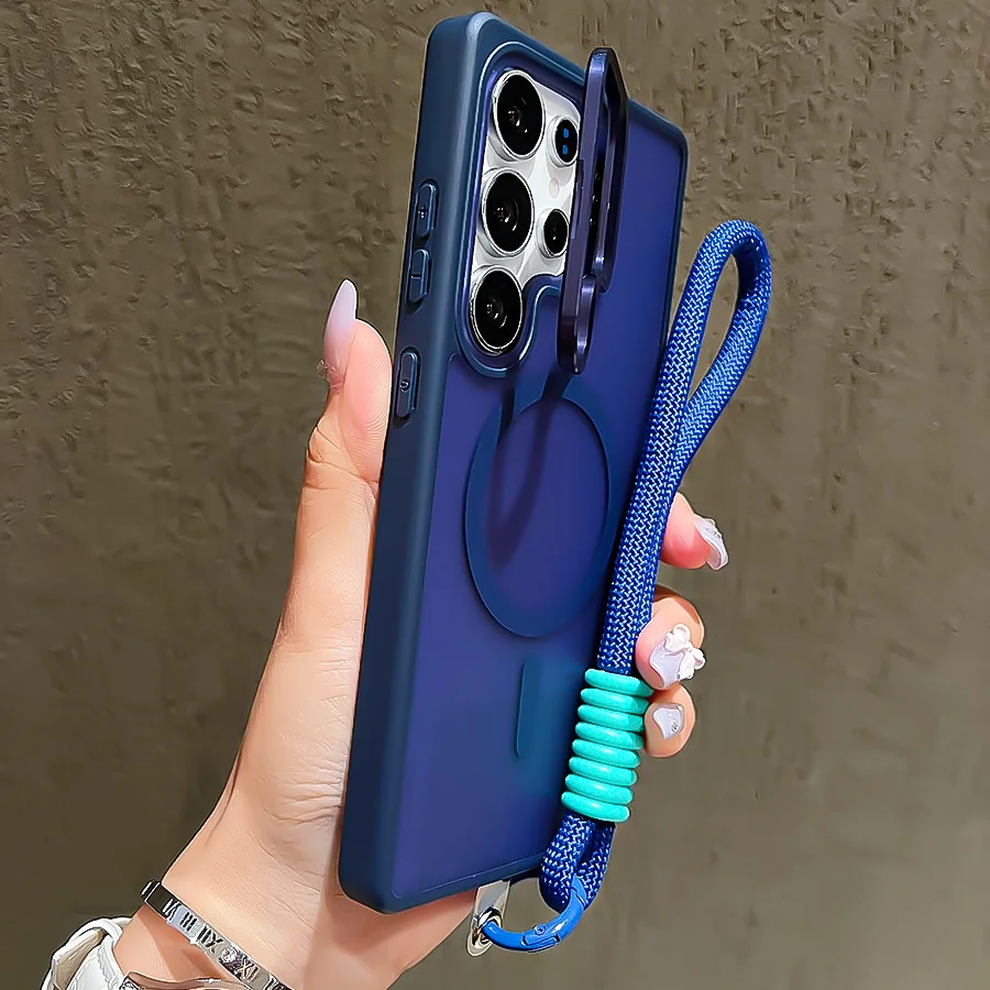 Metal Stand Camera Protector Phone Case For Samsung S25 Ultra S24 Plus S23 Fe A56 A16 A36 For Magsafe Magnetic Wrist Strap Cover Featured Metal Stand Camera Protector Phone Case For Samsung S25 Ultra S24 Plus S23 Fe A56 A16 A36 For Magsafe Magnetic Wrist Strap Cover Featured
