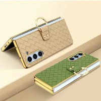 Pu Leather With Glass Front Film Shockproof Woven Pattern Phone Case For Samsung Galaxy Z Fold 6 5 4 3 With Finger Ring Bracket Featured