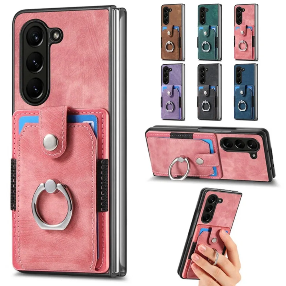 Retro Artificial Leather Wallet Phone Case With Ring Holder For Samsung Galaxy Z Fold 7 6 5 4 3 Fold7 Fold6 5g Card Slot Cover Featured