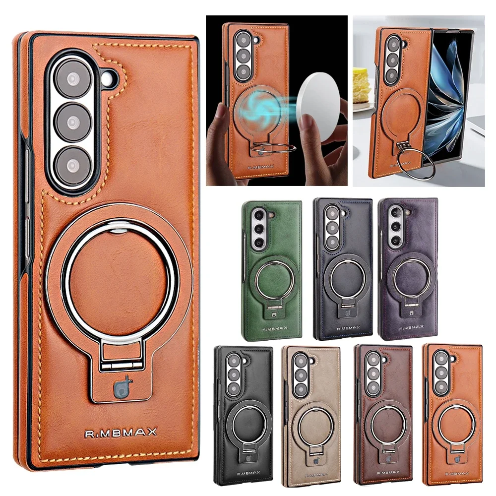 Retro Leather Phone Case Magnetic Phone Cover For Samsung Galaxy Z Fold 7 6 5 4 3 Magsafe Phone Shell 360 Rotation Ring Bracket Featured