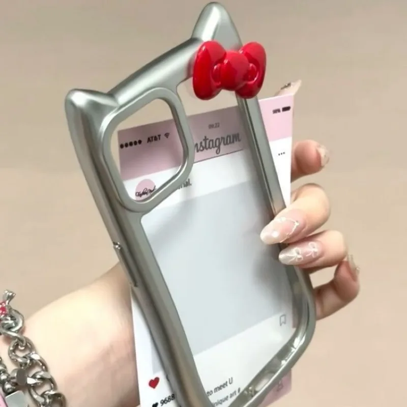 Sanrio Hello Kitty Cute Plating Silver Case For Iphone 15 14 13 11 12 Pro Max Xs Y2k Anti Fall Cover Cat Ears Phone Case Cover Gallery 5 Sanrio Hello Kitty Cute Plating Silver Case For Iphone 15 14 13 11 12 Pro Max Xs Y2k Anti Fall Cover Cat Ears Phone Case Cover Gallery 5
