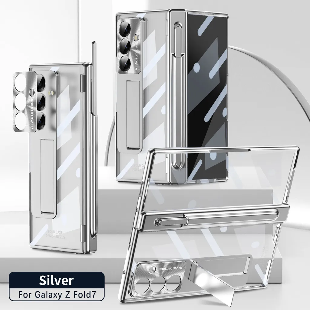 With Touch Pen For Samsung Galaxy Z Fold 7 6 5 4 3 Case Magnetic Double Hinge Pen Slot Holder Clear Plating Pc Cover Front Glass Featured