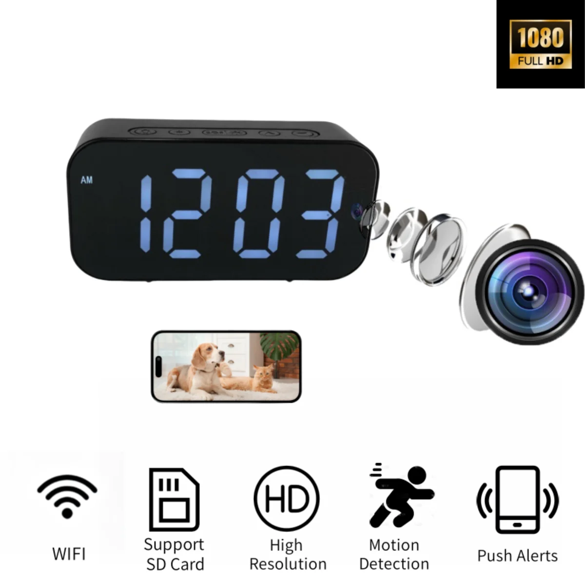 1080p Hd Wifi Alarm Clock Camera With Remote Viewing Motion Detection Recording Nanny Cam With 16gb Sd Card For Home Security Featured