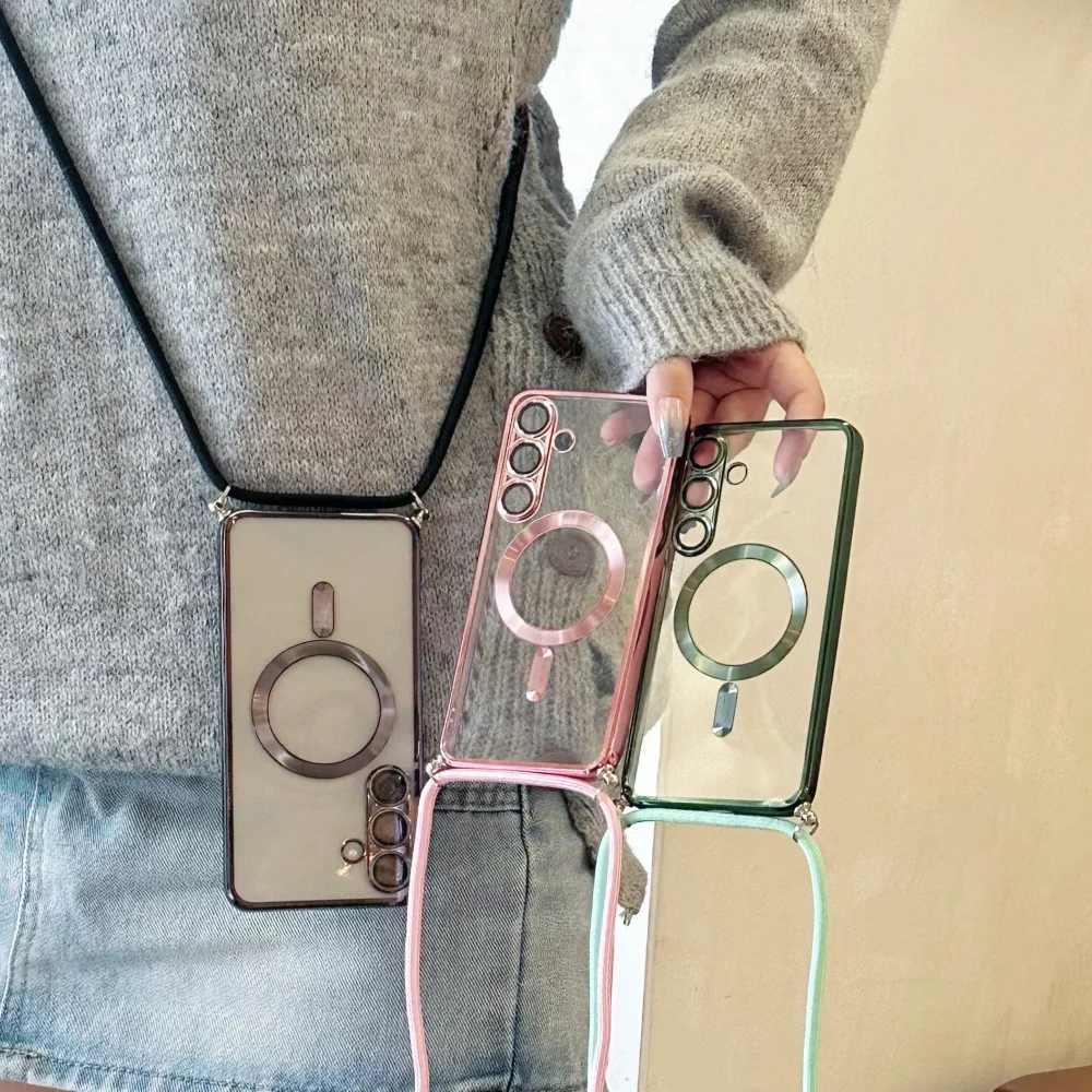 Crossbody Necklace Lanyard Plating Magnetic For Magsafe Transparent Case For Samsung S25 Ultra S24 S23 S22 S21 Plus Soft Cover Gallery 1 Crossbody Necklace Lanyard Plating Magnetic For Magsafe Transparent Case For Samsung S25 Ultra S24 S23 S22 S21 Plus Soft Cover Gallery 1
