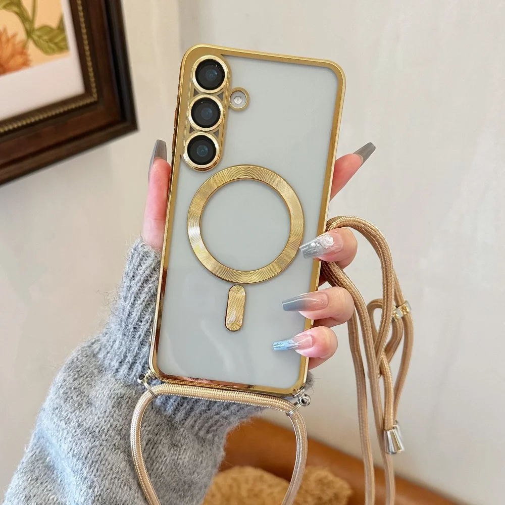 Crossbody Necklace Lanyard Plating Magnetic For Magsafe Transparent Case For Samsung S25 Ultra S24 S23 S22 S21 Plus Soft Cover Gallery 5 Crossbody Necklace Lanyard Plating Magnetic For Magsafe Transparent Case For Samsung S25 Ultra S24 S23 S22 S21 Plus Soft Cover Gallery 5