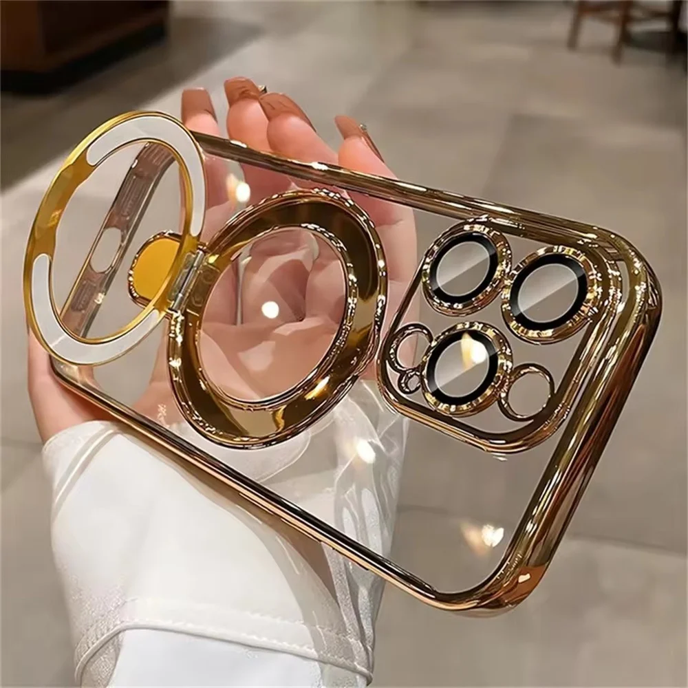 For Magsafe Bracket Plating Case For Iphone 17 16 15 13 14 Pro Max Plus Magnetic Stand Ring Holder Transparent Shockproof Cover Featured
