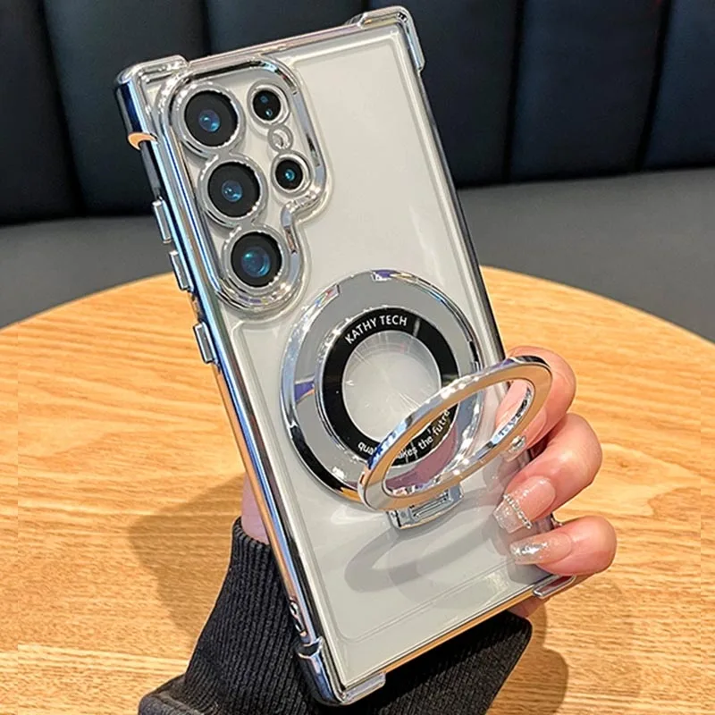 Luxury Magnetic Plating Stand Shockproof Clear Case For Samsung Galaxy S25 S24 Ultra S23 S22 Note 20 10 Plus Acrylic Back Cover Featured