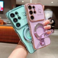Wave Plating Side Love Heart Phone Case For Samsung Galaxy S25 Ultra S24 S23 S22 A16 A55 Protect Lens Shockproof Back Cover Featured