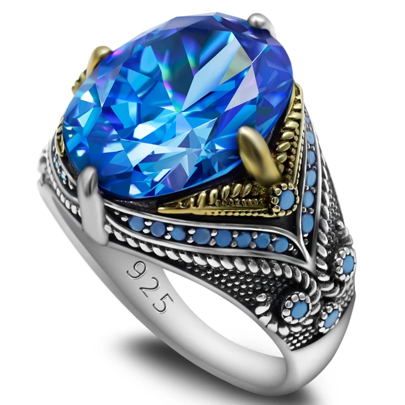925 Silver Aaa Sky Blue Zircon Mens Ring Pure Silver Fashion Claw Shaped Oval Stone Ring Tribe Anniversary Luxury Jewelry Gift Featured