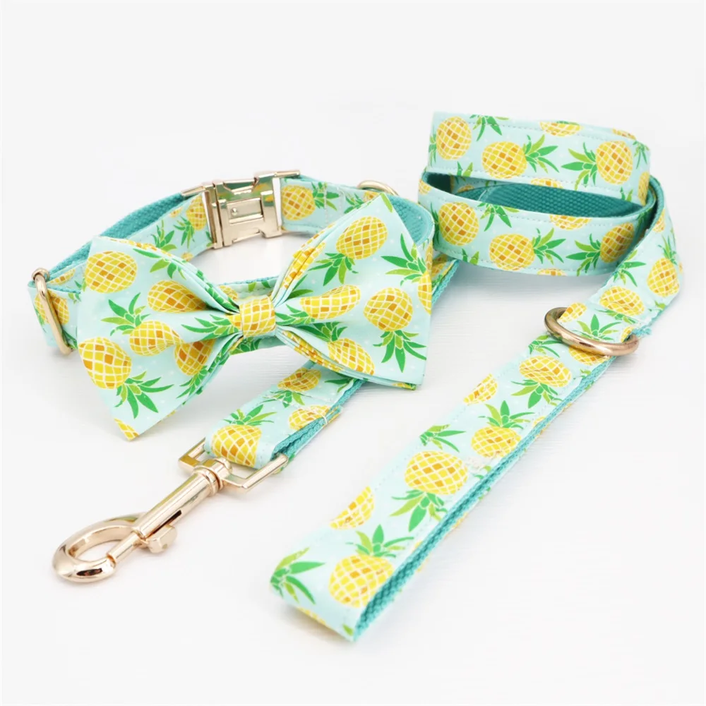 Customized Personalized Pineapple Dog Collar Bowtie And Leash Set Featured