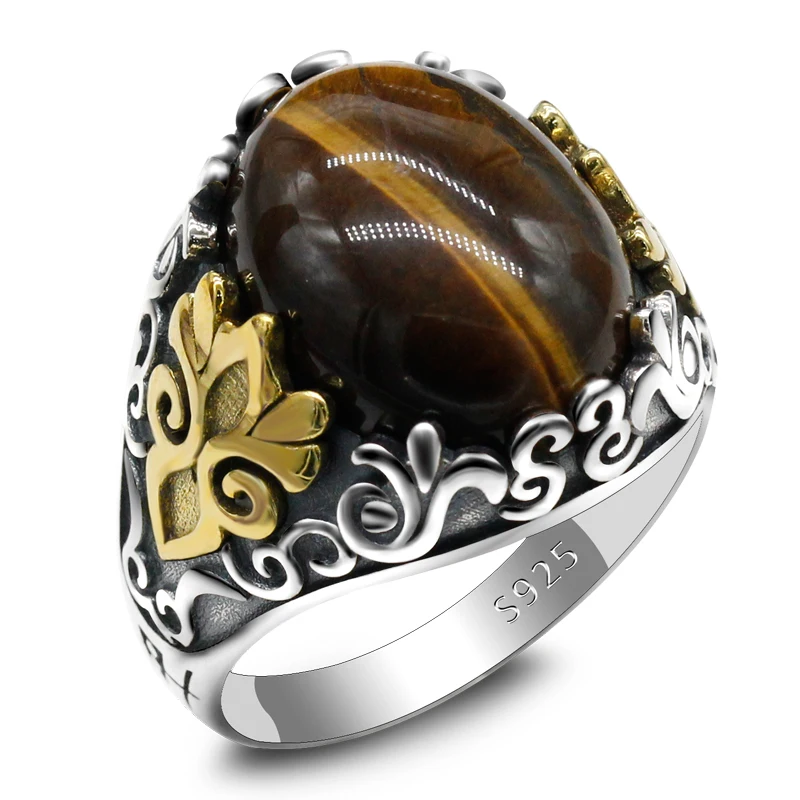 Handmade 925 Sterling Silver Mens Ring With Natural Tiger Eye Stone Oxidized Silver Ring Turkish Mens Fashion Jewelry Featured
