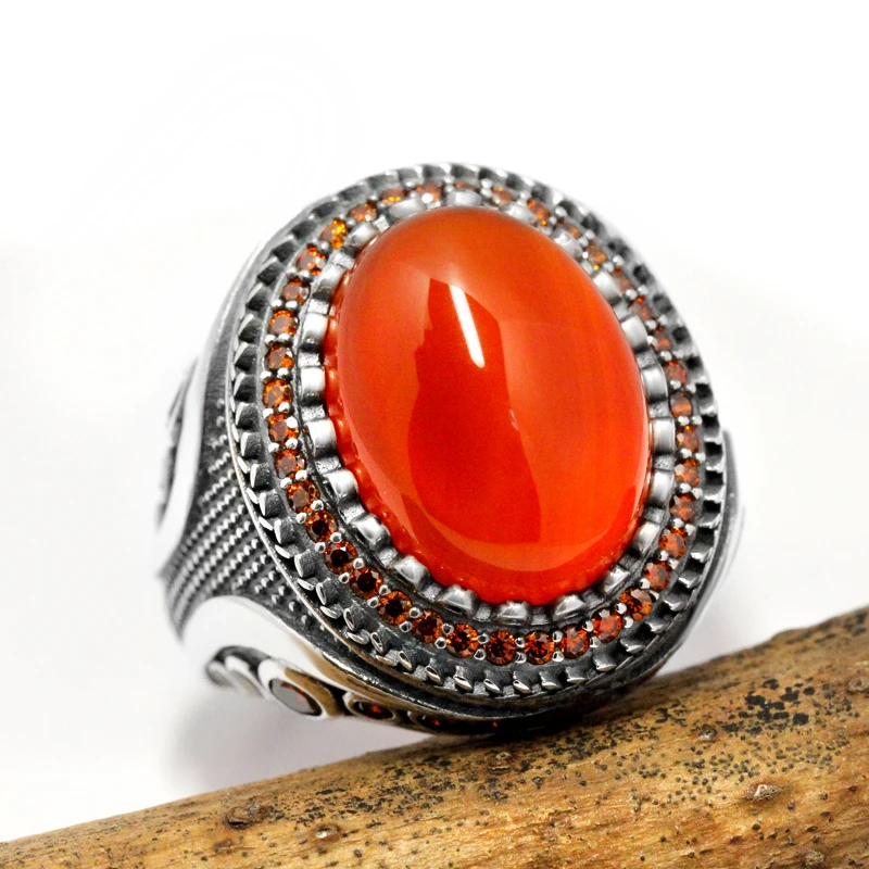 Hot Sale Real Silver Luxury Rings Mens 925 Sterling Silver Natural Red Onyx Stone Ring Gift Zircon Circle Turkish Vintage Style Featured