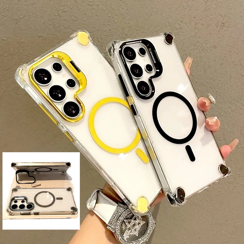 Luxury Transparent Case For Samsung Galaxy A56 A36 A16 A17 A26 S25 S24 S23 Ultra Plus S24fe Magsafe Wireless Charge Stand Cover Featured