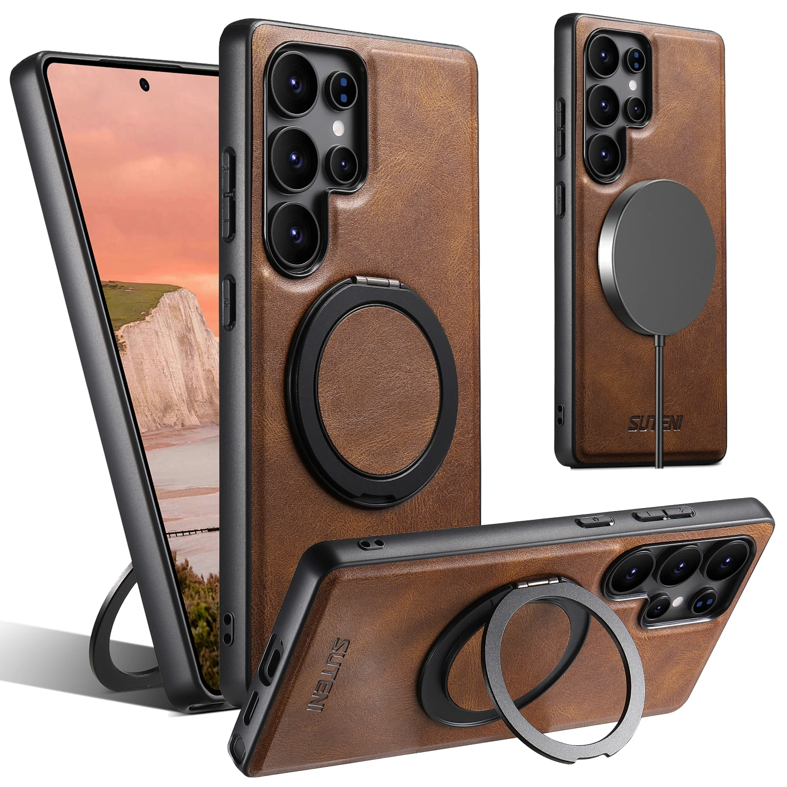 Suteni Magnet Wireless Charging Phone Case Oil Wax Faux Leather 360 Rotating Stand Buckle For Samsung Galaxy S25ultra S24 S23 Featured
