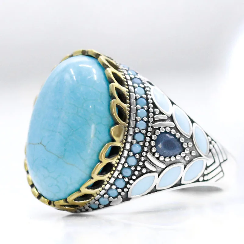 Vintage Natural Turquoise Turkiye Ring Fashion 925 Sterling Silver Oval Sky Blue Gem Anniversary Jewelry Party Gift Featured