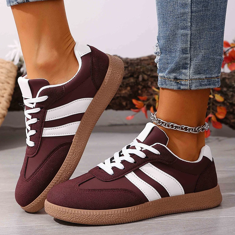 Womens Fashion Wine Red Flat Sneakers 2026 Spring White Striped Thick Sole Casual Shoes Woman Light Streetwear Vulcanize Shoes Featured
