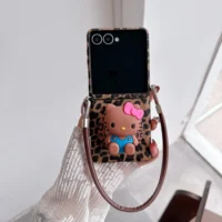Leopard Print Sanrio Hello Kitty Magnetic Grip Holder Magsafe Wireless Charge Phone Case For Samsung Galaxy Z Flip 7 6 5 Cover Featured