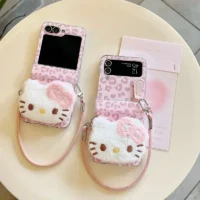 Phone Case For Samsung Galaxy Z Flip 6 5 4 3 Cover 3d Cute Cartoon Sanrio Hello Kitty Leopard Print Furry Plush With Lanyard Featured