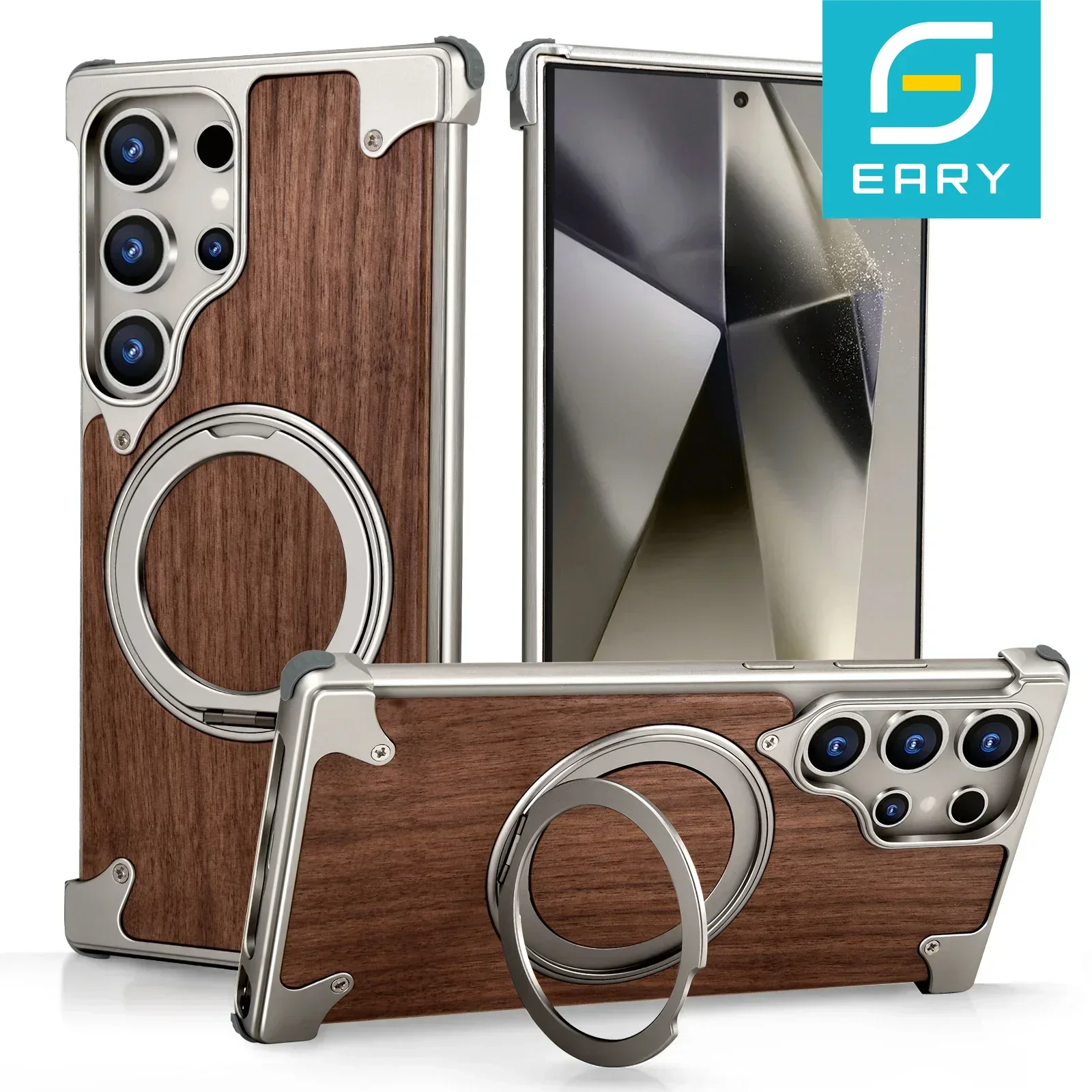 Eary Solid Wood Phone Case For Samsung Galaxy S25 S24 Ultra For Magsafe 360 Rotation Kickstand Frameless Protective Shells Featured