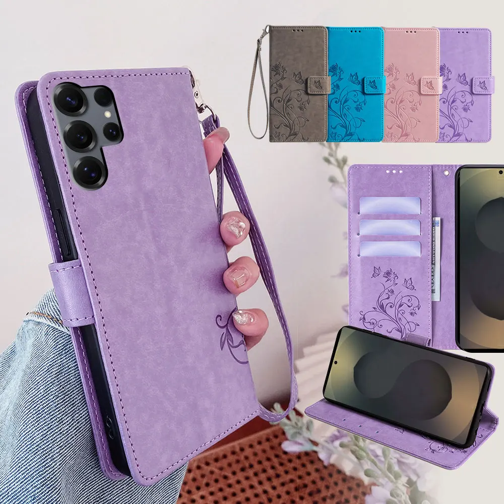 Fashion Embossed Solid Color Wallet Case For Samsung Galaxy S25 S24 S23 S22 S21 S20 Ultra S25 Edge S25 Plus S24 Fe Flip Cover Featured