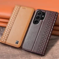 Flip Case For Samsung Galaxy S26 S25 S24 S23 Ultra Plus Fe 5g Genuine Leather Magnetic Cover Cowhide Grid Pattern Wallet Cases Featured