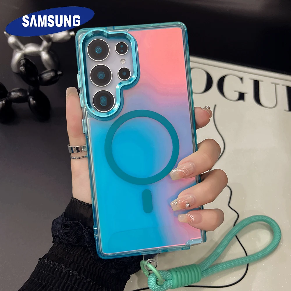 Gradient Hand Wrist Strap Case For Samsung S25 S24 S26 Ultra S23 S26 Plus S24 Fe A55 A35 A16 For Magsafe Wireless Charge Cover Featured