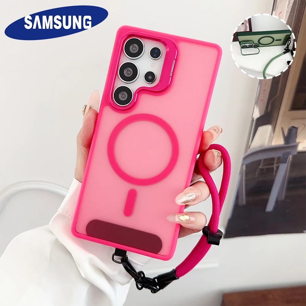 Matte Metal Len Stand Wrist Strap Magnetic Clear Phone Case For Samsung S23 S24 S25 S26 Ultra Plus Fe For Magsafe Bracket Cover Featured
