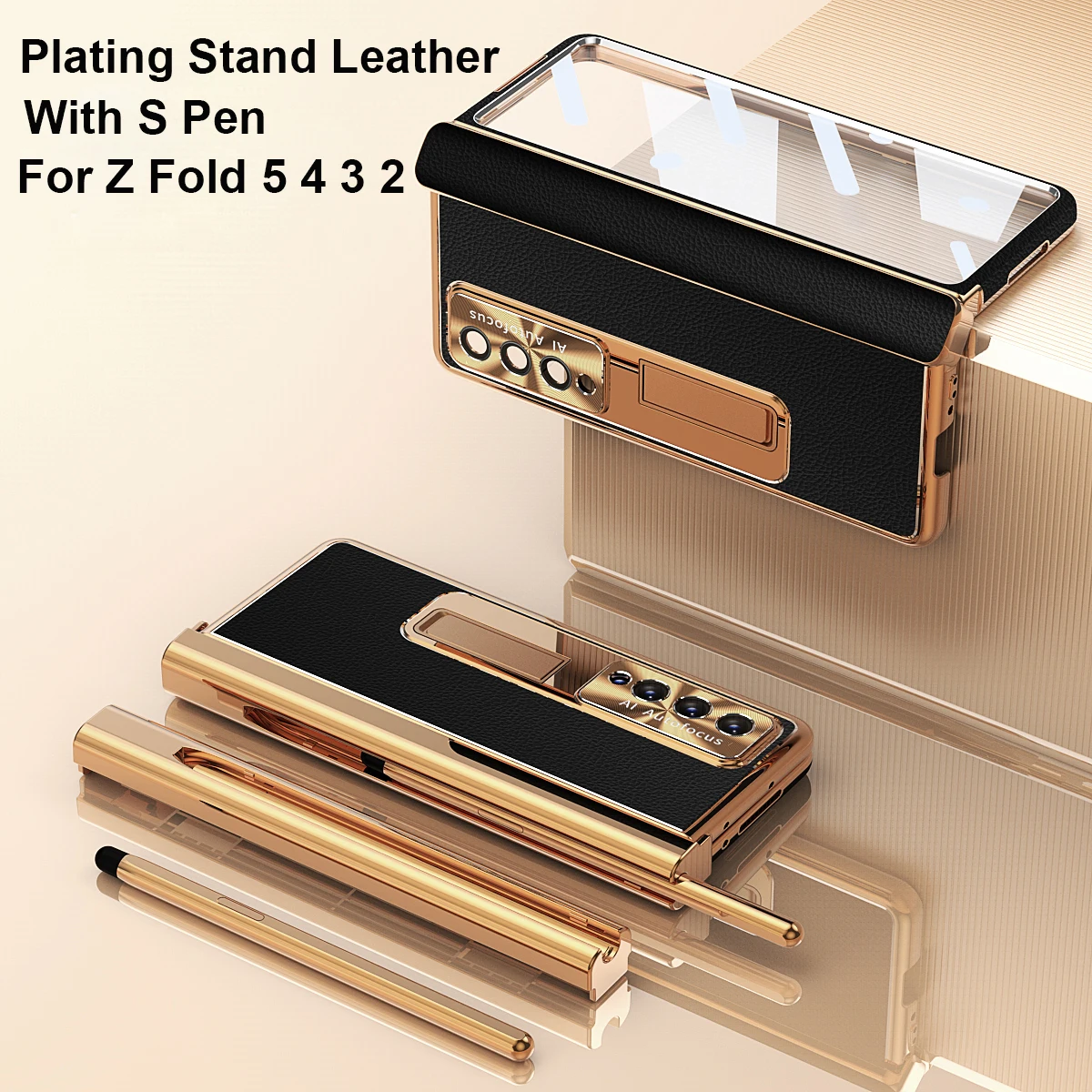 With Touch Pen For Samsung Galaxy Z Fold 6 5 4 3 2 7 Case Hinge Leather Plating Magnetic Kickstand Full Screen Protector Cover
