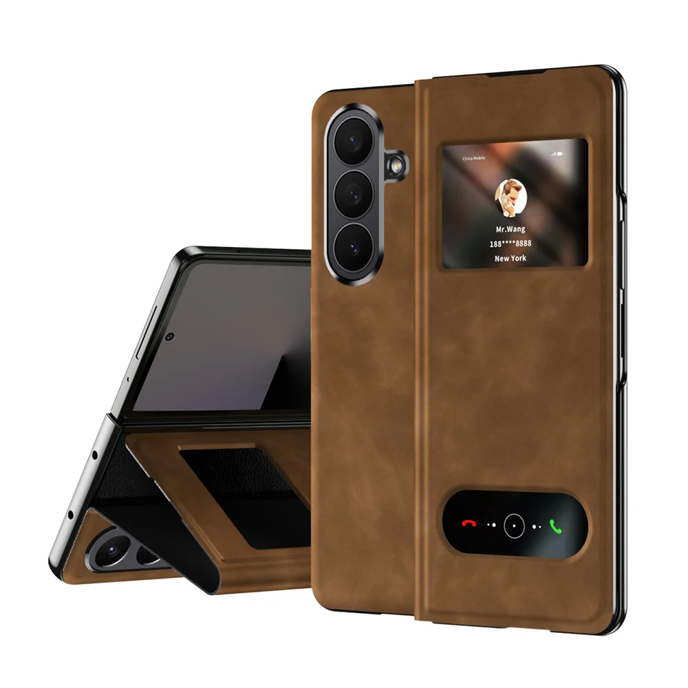 Solid Color Flip Leather Phone Case For Samsung Galaxy Z Fold 7 5G Fold7 Holder Design Protective Shell Protection Back Cover