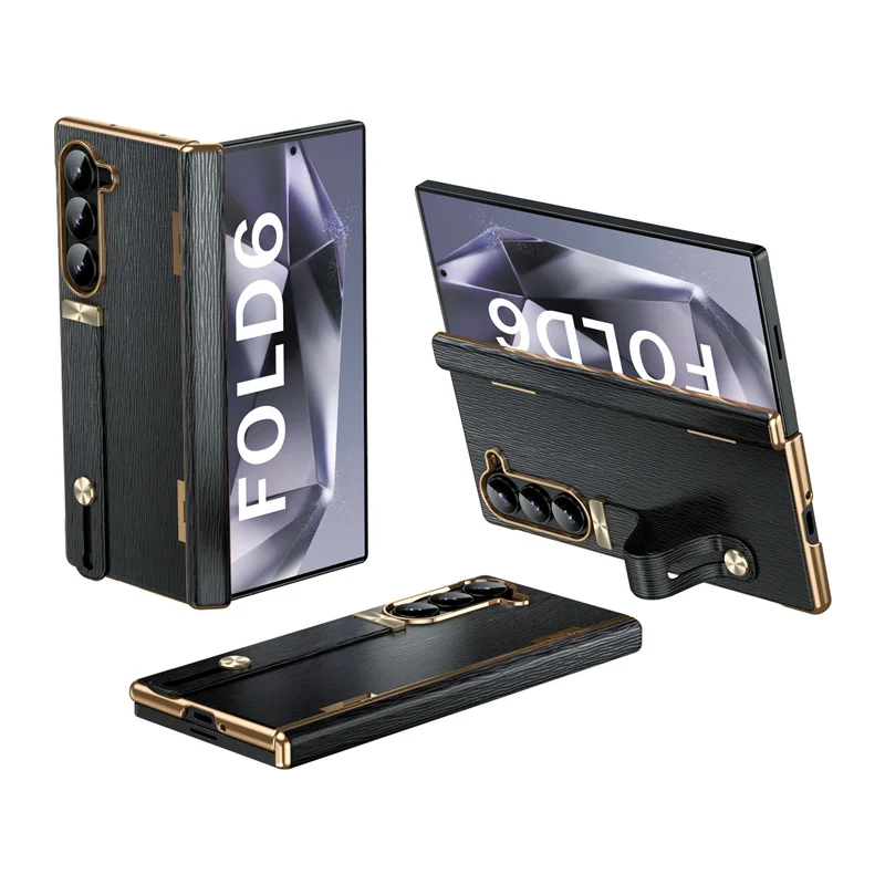 For Samsung Galaxy Z Fold 7 6 5 4 3 5G With Screen Protect Film Hinge Plating Frame Leather Phone Case With Wrist Strap Bracket