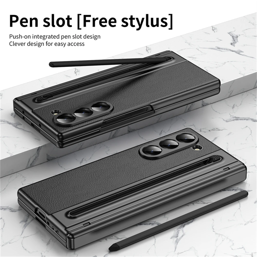 For Samsung Galaxy Z Fold 7 6 5 4 3 Leather Hinge Phone Case Outer Screen Glass S Pen Slot Protective Cover for Galaxy Z Fold 7