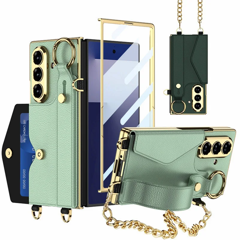 Gold Wristband Bracelet Electroplated Plain Leather Card Slot Glass Protect Case for Samsung Galaxy Z Fold7 Fold 7 6 Cover