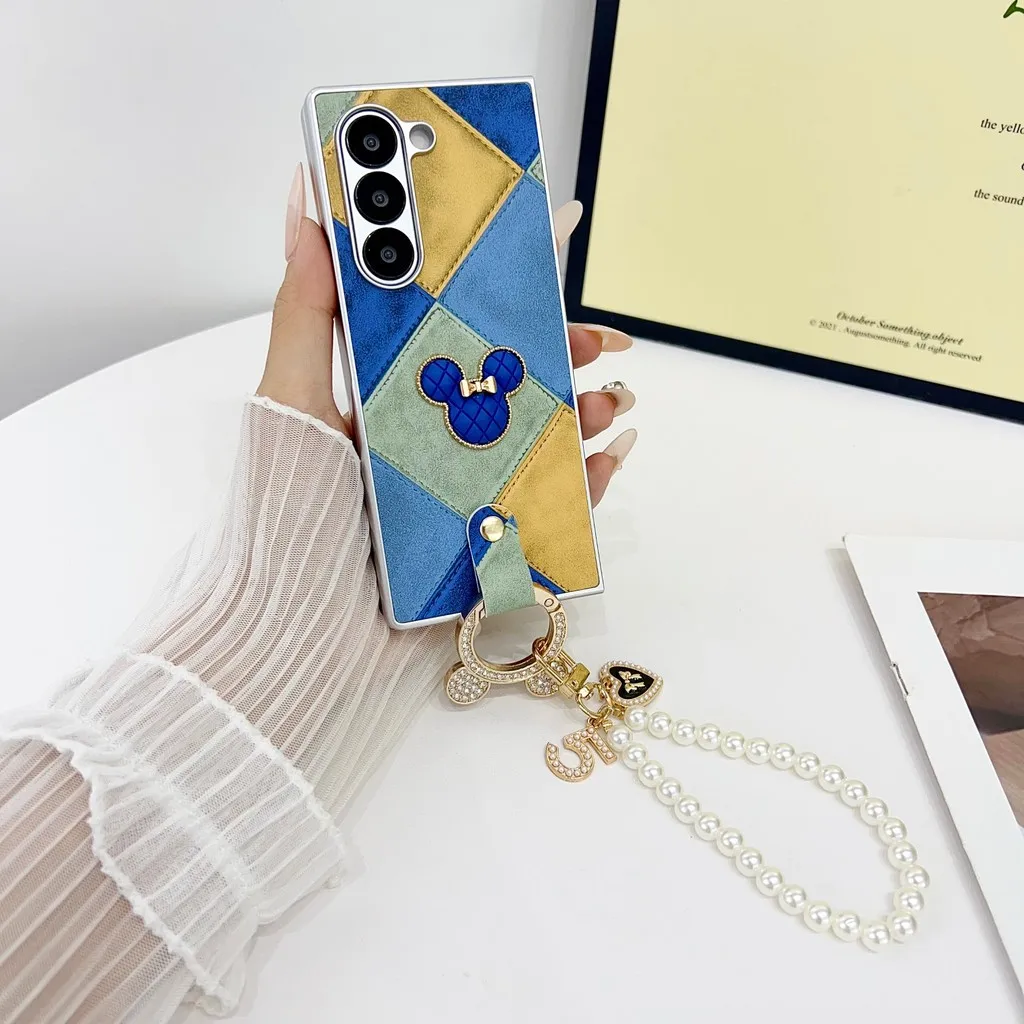 With Wrist Strap Retro Plaid Sticker Plain Leather Case For Samsung Galaxy Z Fold 7 6 5 4 3 Z Fold7 Fold6 5G Protection Cover