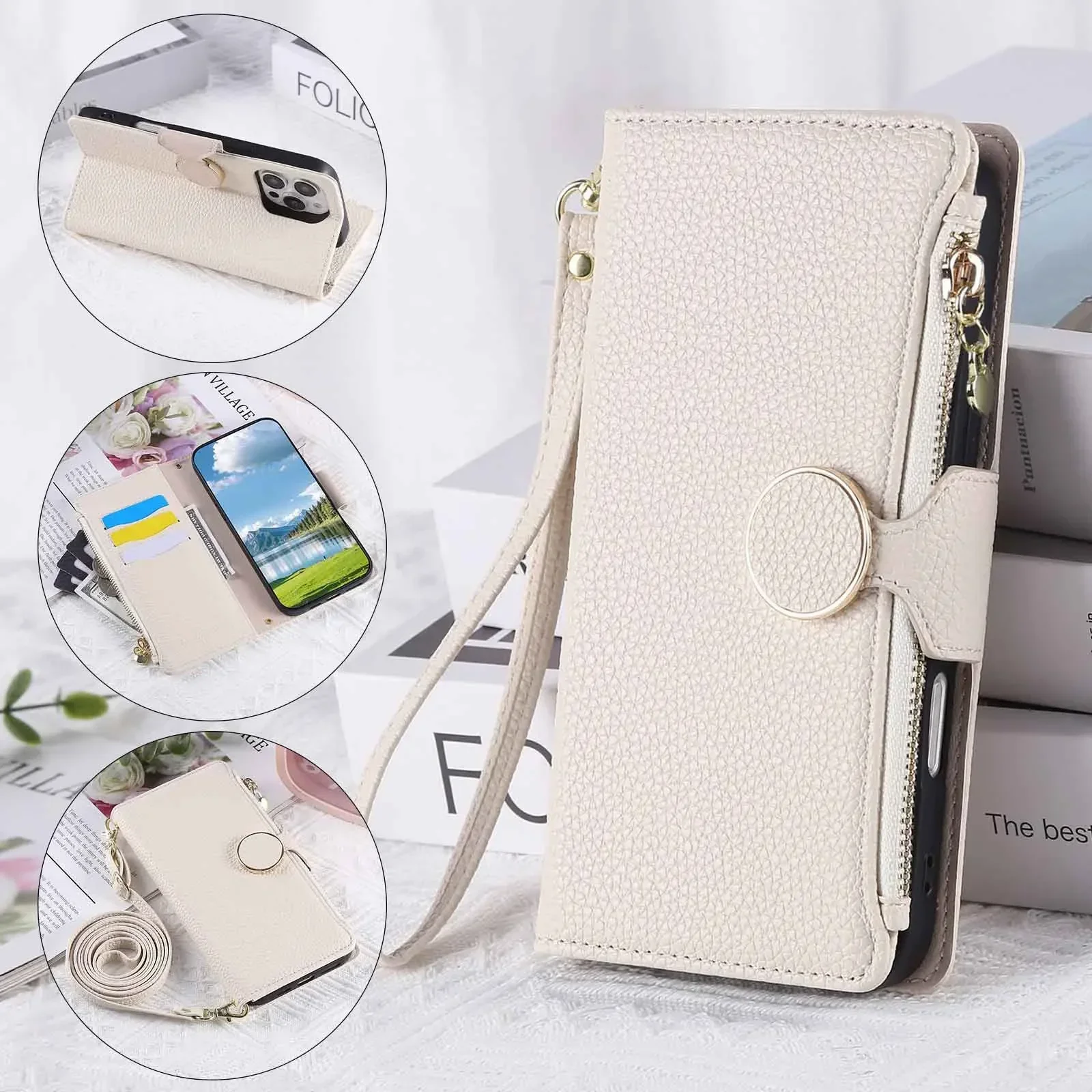 Zipper Wallet Cards Holder Crossbody Case for Samsung Galaxy Z Fold 7 6 5 4 Fold7 Fold6 Wrist Strap Lanyard Leather Cover